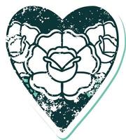 bedrövad klistermärke tatuering stil ikon av en hjärta och blommor vektor