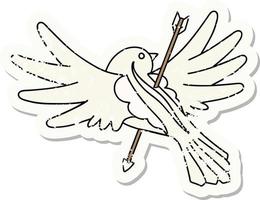 Distressed Sticker Tattoo im traditionellen Stil einer Taube, die mit einem Pfeil durchbohrt ist vektor