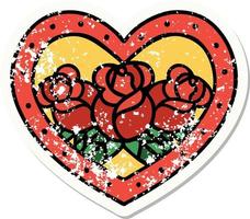 Distressed Sticker Tattoo im traditionellen Stil eines Herzens und Blumen vektor