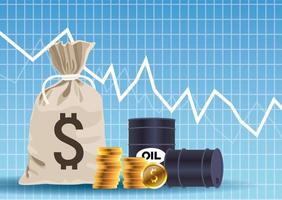 Ölpreismarkt mit Fässern und Münzen Geldsack vektor