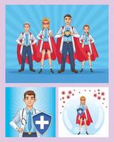 super läkare personal med hjält kappor och sköld vektor