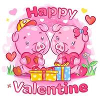 Schweinepaar, das sich in Valentinstaggeschenke verliebt fühlt