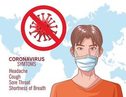 Coronavirus-Infografik mit jungem Mann unter Verwendung der Maske vektor