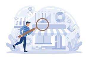 marknadsförare med förstoringsglas forskning marknadsföring möjligheter Diagram. marknadsföring forskning, marknadsföring analys, marknadsföra möjligheter och problem begrepp. platt vektor modern illustration