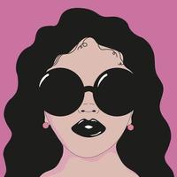 schwarzes Mädchen mit Sonnenbrille und rosa Ohrringen. Illustration eines schwarzen Mädchens mit lockigem Haar auf einem rosa Hintergrund. Plakat, Postkarte mit einer Frau. vektor