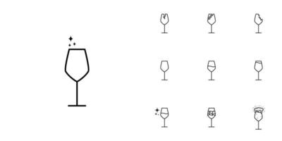 tio uppsättningar av vit vin glas linje ikoner. med is kub, soda, skum och kall vatten. enkel, linje, silhuett och rena stil. svart och vit. lämplig för symboler, tecken, ikoner eller logotyper vektor