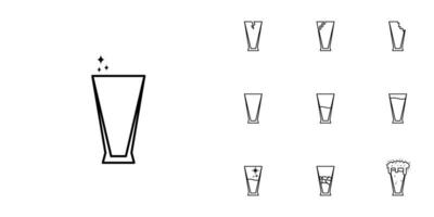 tio uppsättningar av pilsner glas linje ikoner. med is kub, soda, skum och kall vatten. enkel, linje, silhuett och rena stil. svart och vit. lämplig för symboler, tecken, ikoner eller logotyper vektor