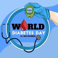 hand innehav diabetiker blod testare eller glukos meter platt värld diabetes dag medvetenhet affisch baner bakgrund design vektor