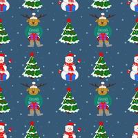 jul sömlös mönster med snögubbe, jul träd, rådjur med gåvor på en blå bakgrund. vinter- mönster för omslag papper och förpackning, jul kort, webb sida bakgrund. vektor