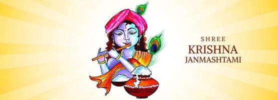 Lord Krishna spielt Flöte mit orangefarbener Schärpe Janmashtami Banner Design vektor