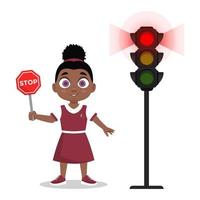 Kind mit Stoppschild. die Ampel zeigt ein rotes Signal vektor