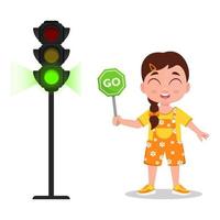 Mädchen mit einem Zeichen zu gehen. die Ampel zeigt ein grünes Signal vektor