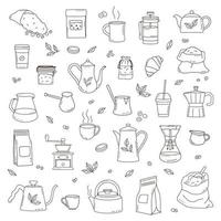 Kaffeeobjekte gesetzt. Wasserkocher, Töpfe, Kraftpapiertüten, Tasse, Becher, Makrone, Krug, Geysir-Kaffeemaschine, Kaffeemühle, Croissant. Doodle-Stil. vektor