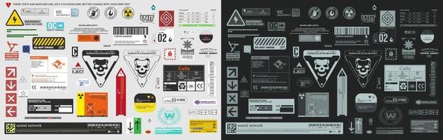 industriell sci fi dekal, eller varning märka tecken för hård yta framställa vektor samling