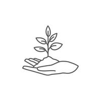 Design von Hand- und Pflanzensymbolen. Pflanzenblatt-Piktogramm. Samen und handlineares Logo. Baum in der Hand Vektor. Vektor-Illustration