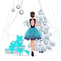en flicka med en frisyr i en frodig klänning dekorerar en jul träd. jul hälsning kort. vektor illustration