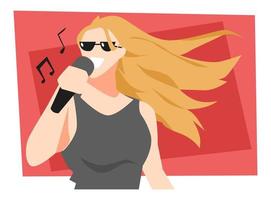 Illustration eines blonden Mädchens mit Brille, das singt. Mikrofon. roter Hintergrund. Song-Symbol. leistungskonzept, konzert, band, musik, kunst usw. flacher vektor