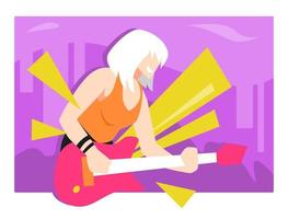illustration einer gitarristin oder bassistin mit kurzen haaren. lila hintergrund, bühne. geeignet für themenkonzert, band, musik, rock, star, sänger, technologie usw. flacher vektorstil vektor