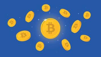 explosion av skinande och flytande bitcoin mynt. BTC kryptovaluta isolerat på blå bakgrund. vektor