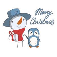 Schneemann bringt ein Weihnachtsgeschenk mit Pinguin. niedliche vektorillustration im karikaturstil vektor