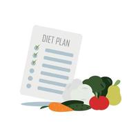 dietist begrepp. grönsaker och frukt och diet planerare. näring terapi med friska mat. tecknad serie illustration. vektor
