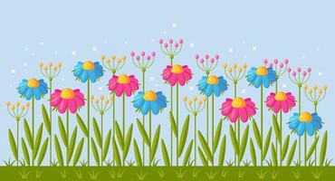 sommar eller vår blomma i grön trädgård gräs. blommig gränser för hälsning kort. vektor tecknad serie design