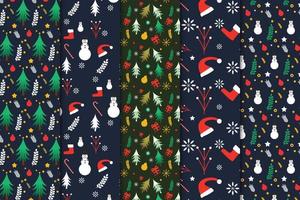 jul sömlös mönster bunt med mörk bakgrunder. de abstrakt mönster uppsättning dekoration med jul element och snögubbar. minimal jul mönster samling med tall träd och santa hattar. vektor
