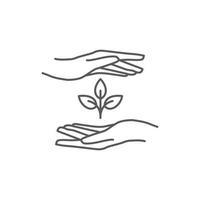 Design von Hand- und Pflanzensymbolen. Pflanzenblatt-Piktogramm. Samen und handlineares Logo. Baum in der Hand Vektor. Vektor-Illustration vektor