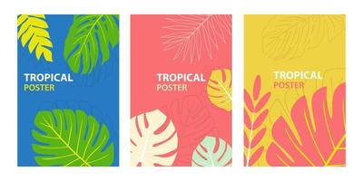 einfache reihe tropischer themenplakate. kreative komposition von monstera deliciosa tropischen blättern. abstrakte geometrische Designvorlage für Poster vektor