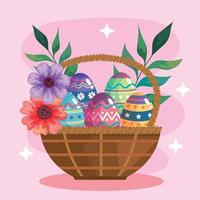 glad påsk firande kort med ägg målade i korg vektor