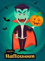 halloween-einladung oder grußkarte. lustiger vampir, der kürbis hält, niedliche zeichentrickfigur vektor