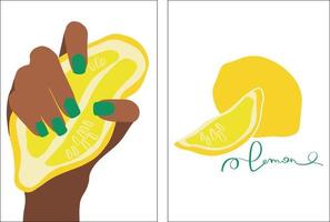 citron- i modern stil. en kvinnas hand med en manikyr innehar en citron. vektor illustration affisch uppsättning. modern samtida mode vektor illustration. minimal abstrakt bakgrund. skriva ut design.