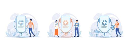 uppkopplad läkare. sjukvård tjänster, fråga läkare. tele medicin e-hälsa service. terapeut videosamtal telefon skärm, uppsättning platt vektor modern illustration
