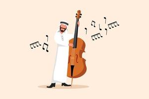 företag platt tecknad serie teckning dubbel- bas spelare med stor sträng instrument. arab man musiker spelar klassisk musik med fingrar. professionell kontrabasist. grafisk design vektor illustration
