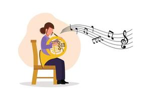 geschäftsflacher karikaturstil, der weibliche musikerin zeichnet, die klassische melodie auf französischem horn aufführt. instrumentalist, der musik auf blasinstrument spielt. Frau mit Trompete. Grafikdesign-Vektorillustration vektor