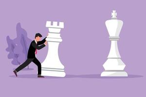 karaktär platt teckning av konkurrenskraftig affärsman skjuta på enorm råka schack bit till slå kung. företag strategi och marknadsföring planen. strategisk flytta i företag begrepp. tecknad serie design vektor illustration