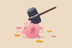 Inflation verursacht Geldwert verringert oder Rezession machen Börsencrash, Rentenfonds verlieren Wert oder Geschäftskonkurskonzept, großer Hammer mit dem Wort Inflation traf kaputtes Sparschwein. vektor