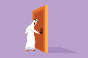 tecknad serie platt stil teckning arab affärsman innehav en dörr knopp. som förs in i arbetssätt rum i kontor byggnad. man innehav dörr knopp till öppen dörr och stiga på arbete Plats. grafisk design vektor illustration