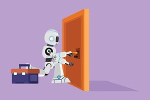 grafisk platt design teckning robot nyfiken dörrhandtaget med skruvmejsel. cyborg reparera bruten hantera dörr knopp med verktyg låda. framtida teknologi. artificiell intelligens. tecknad serie stil vektor illustration