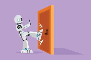 tecknad serie platt stil teckning robot sparkar dörr stängd med ben. företag kämpar för Framgång i marknadsföra konkurrens. modern robot artificiell intelligens industri. grafisk design vektor illustration