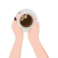 kaffe i hand, flicka innehav kaffe, vit kopp av kaffe, doftande kaffe vektor