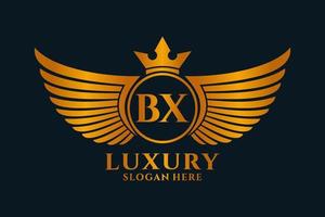 luxus königlicher flügelbuchstabe bx wappengoldfarbe logovektor, siegeslogo, wappenlogo, flügellogo, vektorlogovorlage. vektor