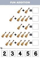 Lernspiel für Kinder Spaß Addition durch Ausschneiden und Anpassen der richtigen Nummer für Cartoon-Musikinstrument Gitarre druckbares Arbeitsblatt vektor