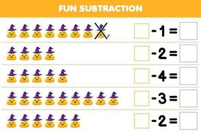 Lernspiel für Kinder Spaßsubtraktion durch Zählen der niedlichen gelben Maisbonbons in jeder Reihe und Eliminieren des druckbaren Halloween-Arbeitsblatts vektor