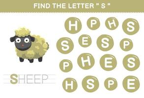 utbildning spel för barn hitta de brev s med söt tecknad serie djur- får tryckbar kalkylblad vektor