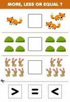 Bildungsspiel für Kinder mehr weniger oder gleich Zählen Sie die Menge des niedlichen Cartoon-Fuchs-Buschkaninchens und schneiden Sie dann das richtige Zeichen-Farm-Arbeitsblatt aus und kleben Sie es aus vektor