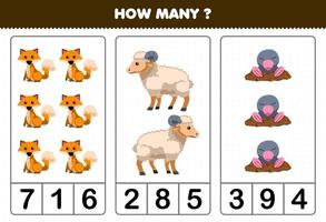 Bildungsspiel für Kinder, die zählen, wie viele niedliche Cartoon-Fuchs-Schaf-Maulwurf-Bauernhof-Arbeitsblatt zum Ausdrucken vektor