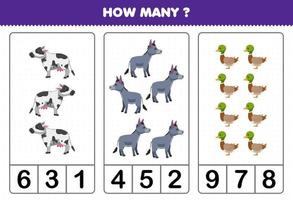 Bildungsspiel für Kinder, die zählen, wie viele niedliche Cartoon-Kuh-Esel-Enten-Arbeitsblätter zum Ausdrucken auf dem Bauernhof vektor