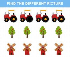 utbildning spel för barn hitta de annorlunda bild i varje rad av söt tecknad serie traktor träd väderkvarn tryckbar bruka kalkylblad vektor