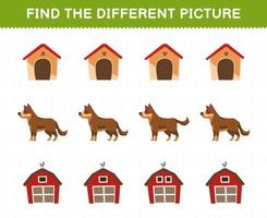 utbildning spel för barn hitta de annorlunda bild i varje rad av söt tecknad serie kennel hund ladugård tryckbar bruka kalkylblad vektor
